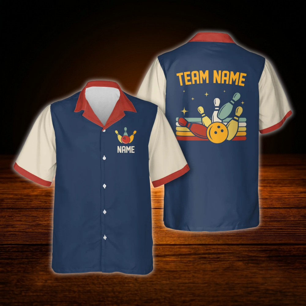 Custom Retro Bowling Hawaiian Shirt Blue, Custom Retro Bowling Shirt For Team