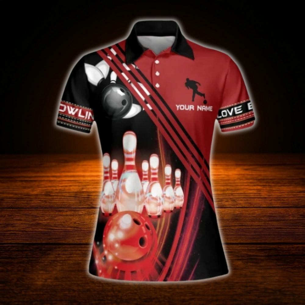 Women's Custom Red Black Bowling Polo Shirt, Custom Women Bowling Shirt