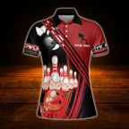 Women's Custom Red Black Bowling Polo Shirt, Custom Women Bowling Shirt
