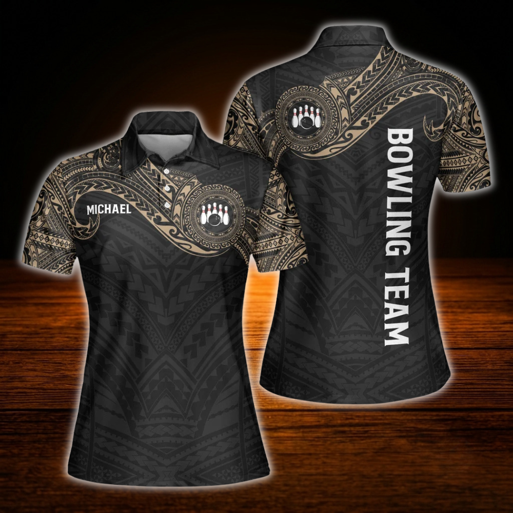 Custom Tribal Black And Gold Women Bowling Polo Shirts, Custom Tribal Bowling Team Shirts For Women