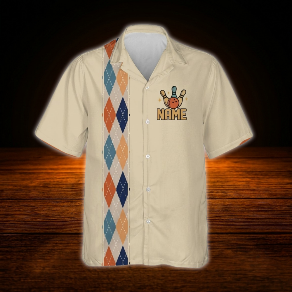 Custom Retro Argyle Men's Beige Bowling Hawaiian Shirt, Custom Retro Bowling Team Shirts