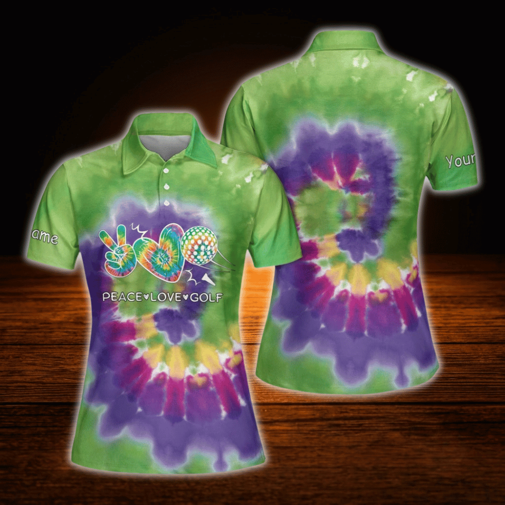 Peace Love Golf Custom Colorful Tie Dye Golf Polo Shirt For Women, Custom Tie Dye Golf Shirts For Ladies