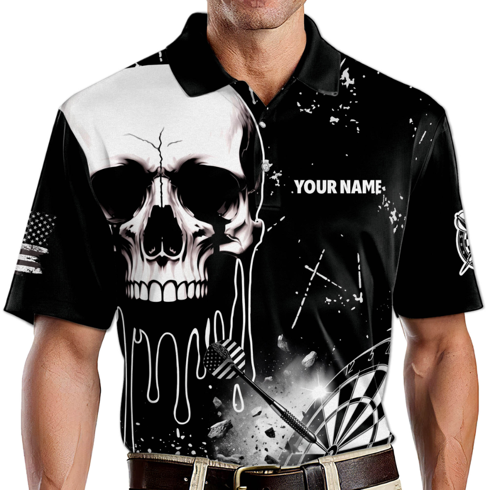 Custom Skull Black And White Mens Dart Polo Shirt, Personalized Skeleton Dart Team Shirt