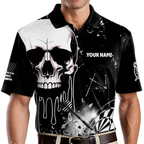 Custom Skull Black And White Mens Dart Polo Shirt, Personalized Skeleton Dart Team Shirt