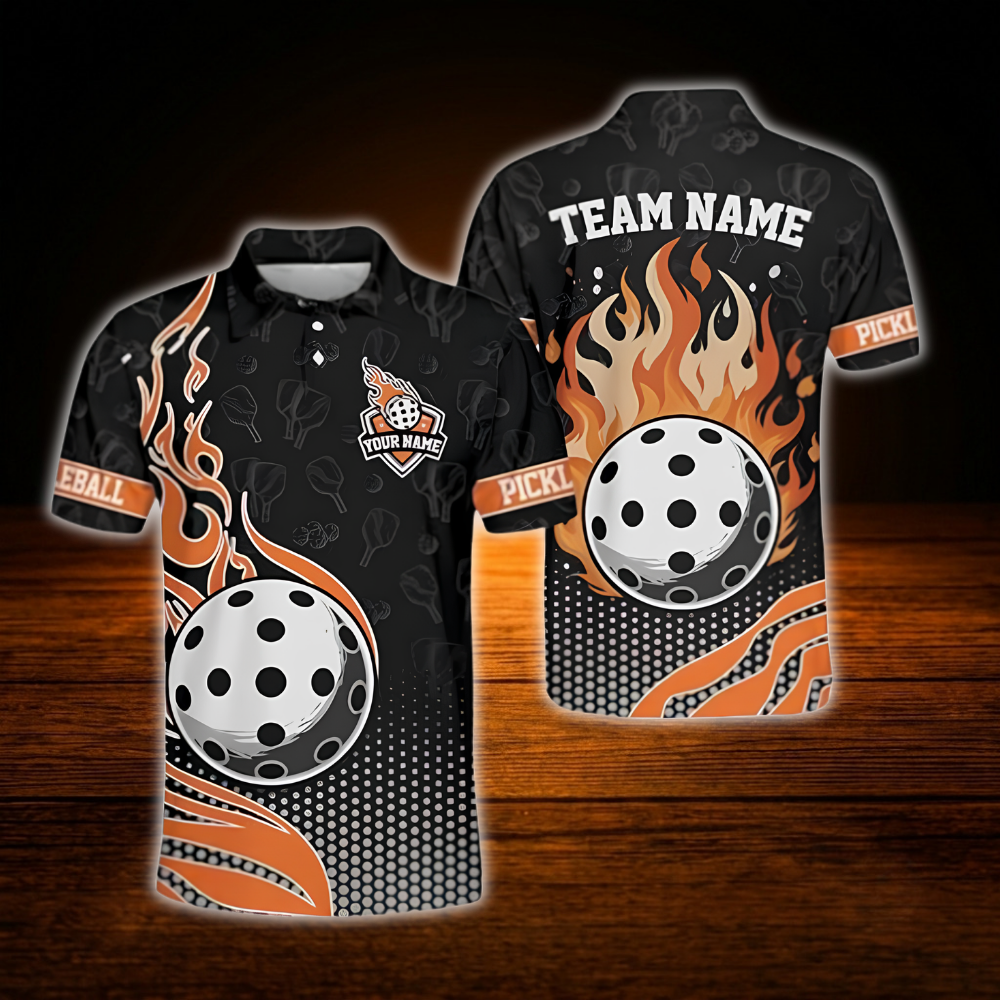 Custom Flaming Ball Pickleball Polo Shirt For Men, Custom Flame Pickleball Team Shirt
