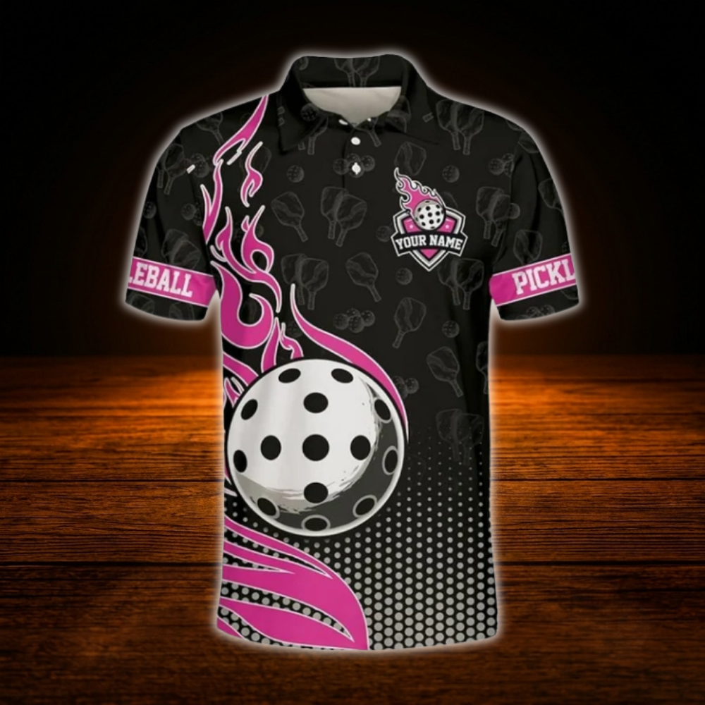 Custom Flaming Ball Pickleball Polo Shirt For Men, Custom Flame Pickleball Team Shirt