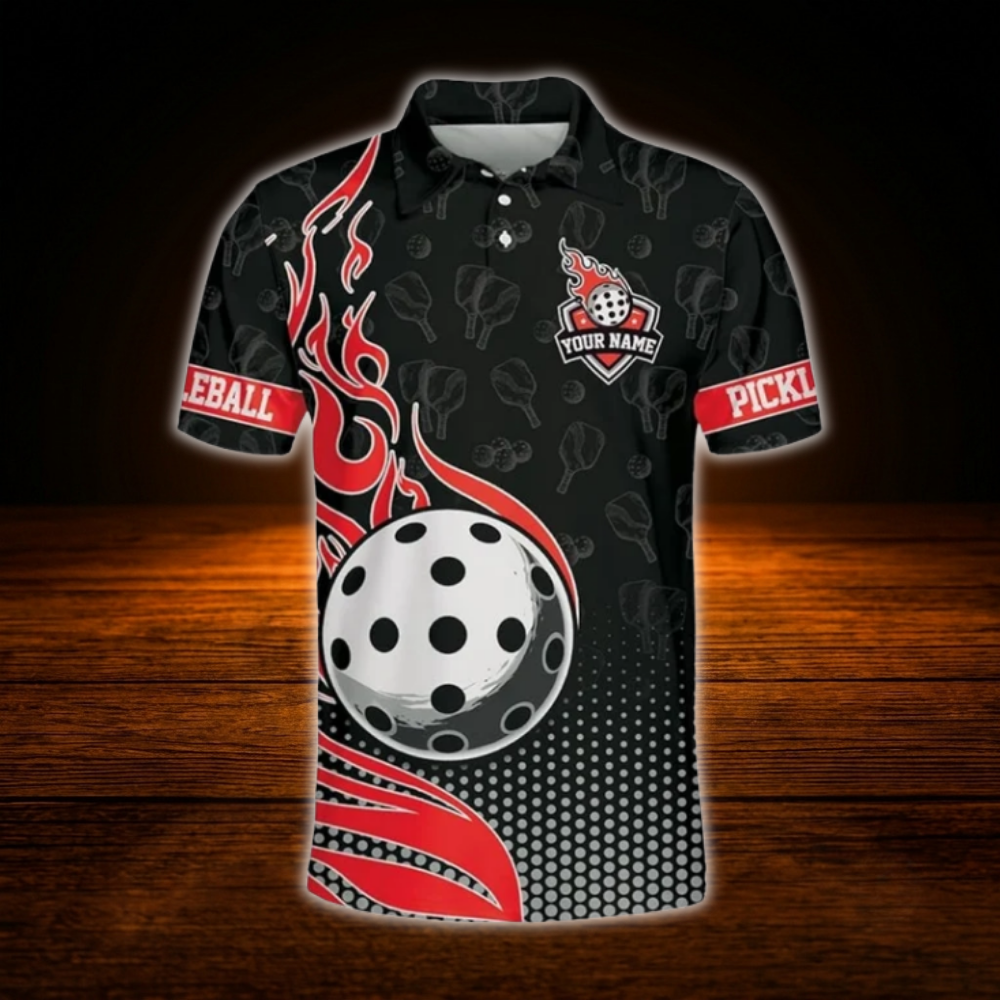 Custom Flaming Ball Pickleball Polo Shirt For Men, Custom Flame Pickleball Team Shirt