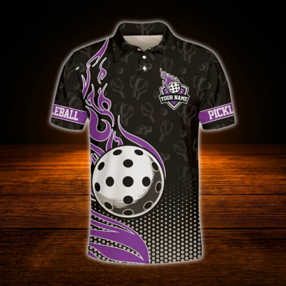 Custom Flaming Ball Pickleball Polo Shirt For Men, Custom Flame Pickleball Team Shirt