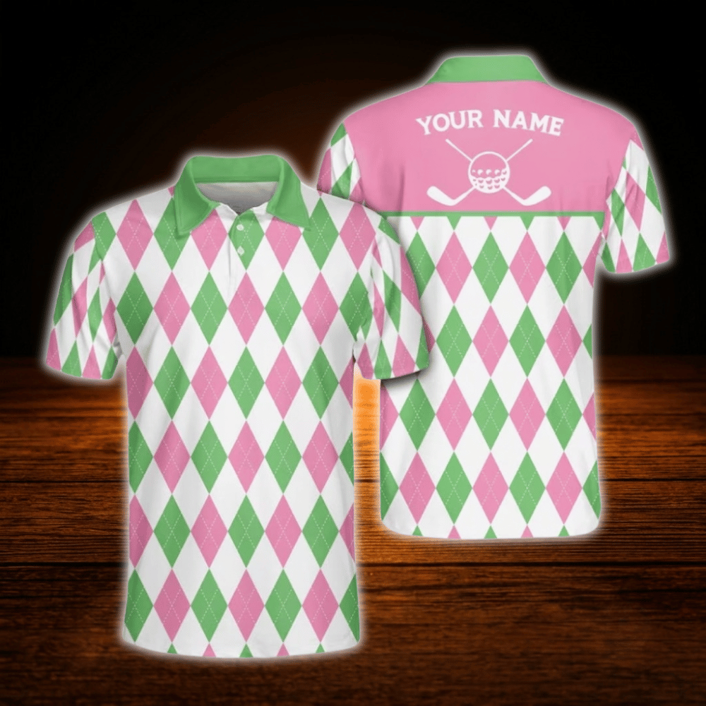 Personalized Golf Pattern Pink And Green Polo Golf Shirts For Men, Custom Golf Shirts