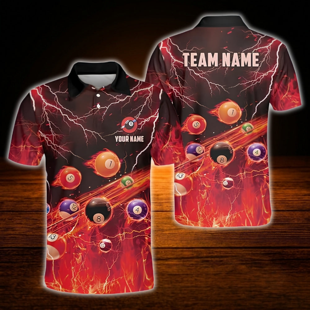 Men's Custom Flame Ball Billiard Polo Shirt, Custom Flame Biliard Shirt Team