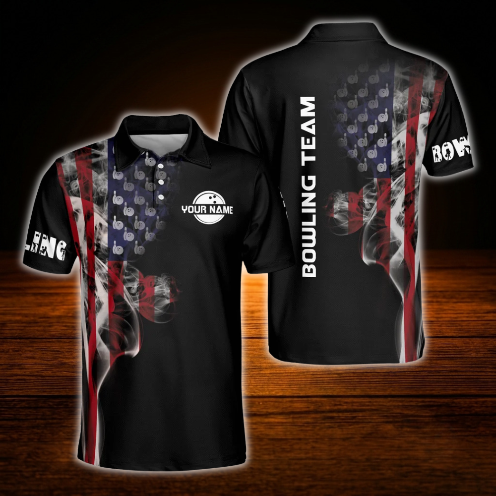Custom American Flag Smoke Bowling Polo Shirts For Men, Custom Patriotic Bowling Shirts