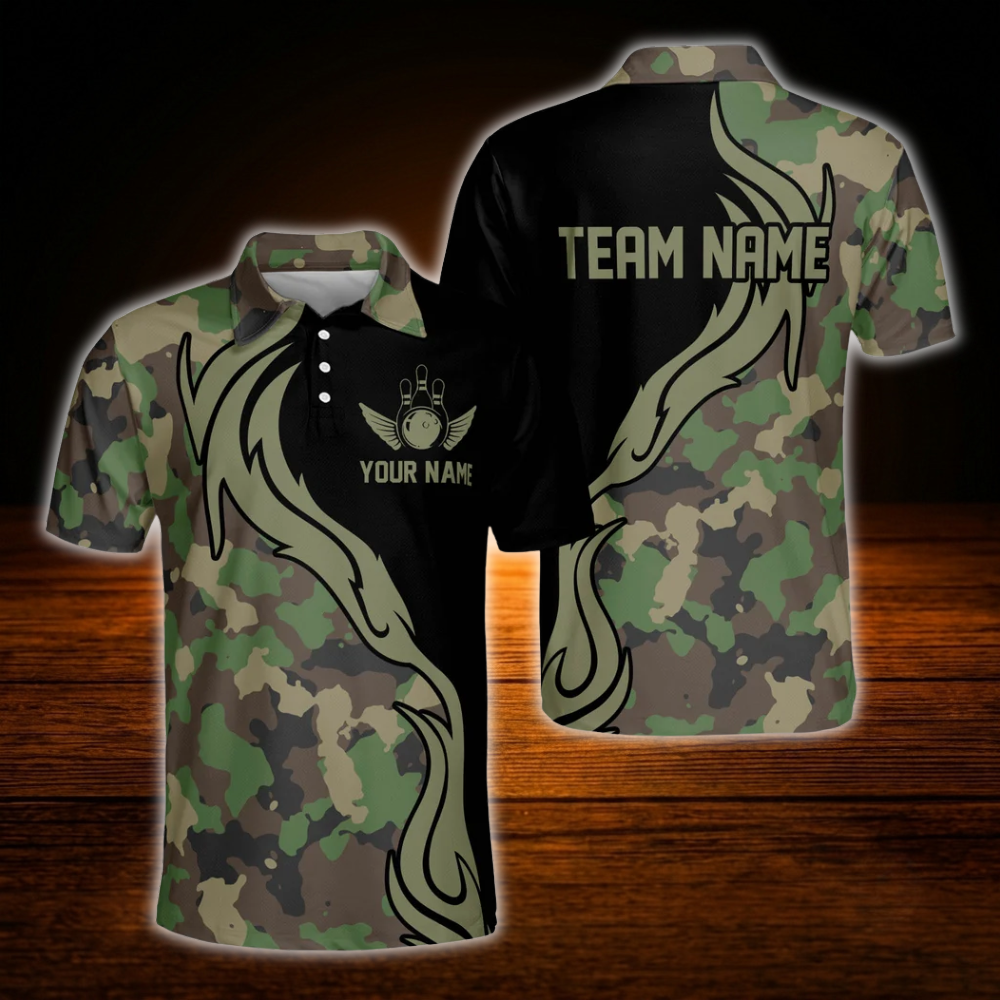 Custom Camouflage Bowling Polo Shirts For Men, Custom Camo Bowling Team Shirts
