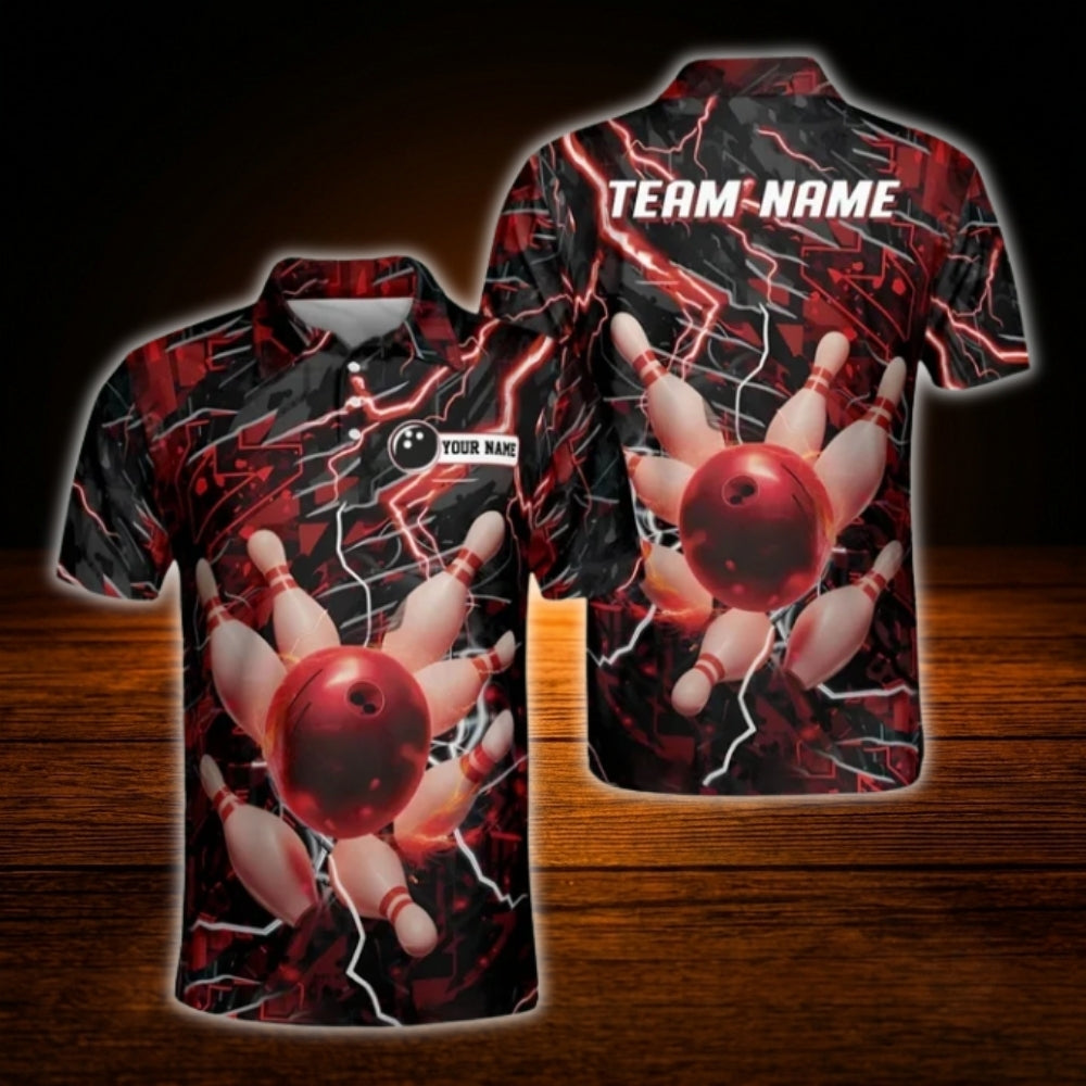Thunder Lightning Custom Purple Black Bowling Men Polo Shirt, Custom Thunder Bowling Team Shirt