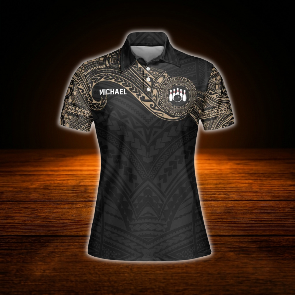 Custom Tribal Black And Gold Women Bowling Polo Shirts, Custom Tribal Bowling Team Shirts For Women