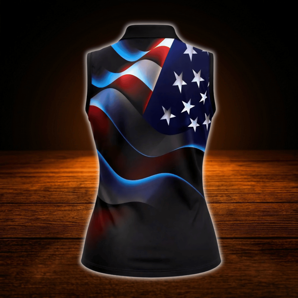 Neon American Flag Women's Sleeveless Golf Shirt, 4th Of July Patriotic Golf Shirt For Ladies