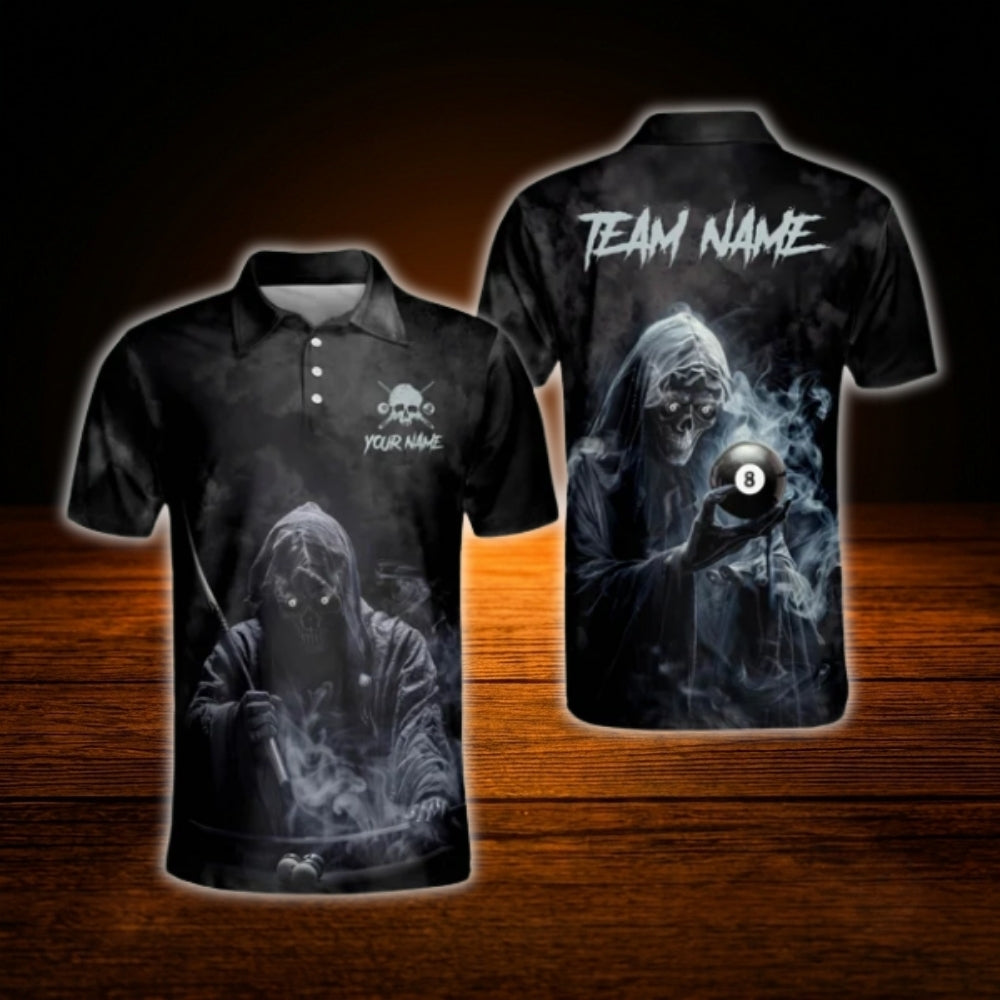 Men's Custom Skull Smoke Billiard Polo Shirt, Custom Skull Billiard Team Shirt