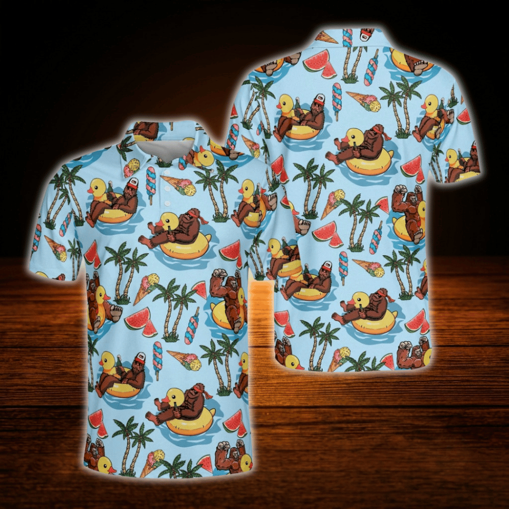 Funny Bigfoot Tropical Golf Polo Shirts For Men, Bigfoot Golf Shirts