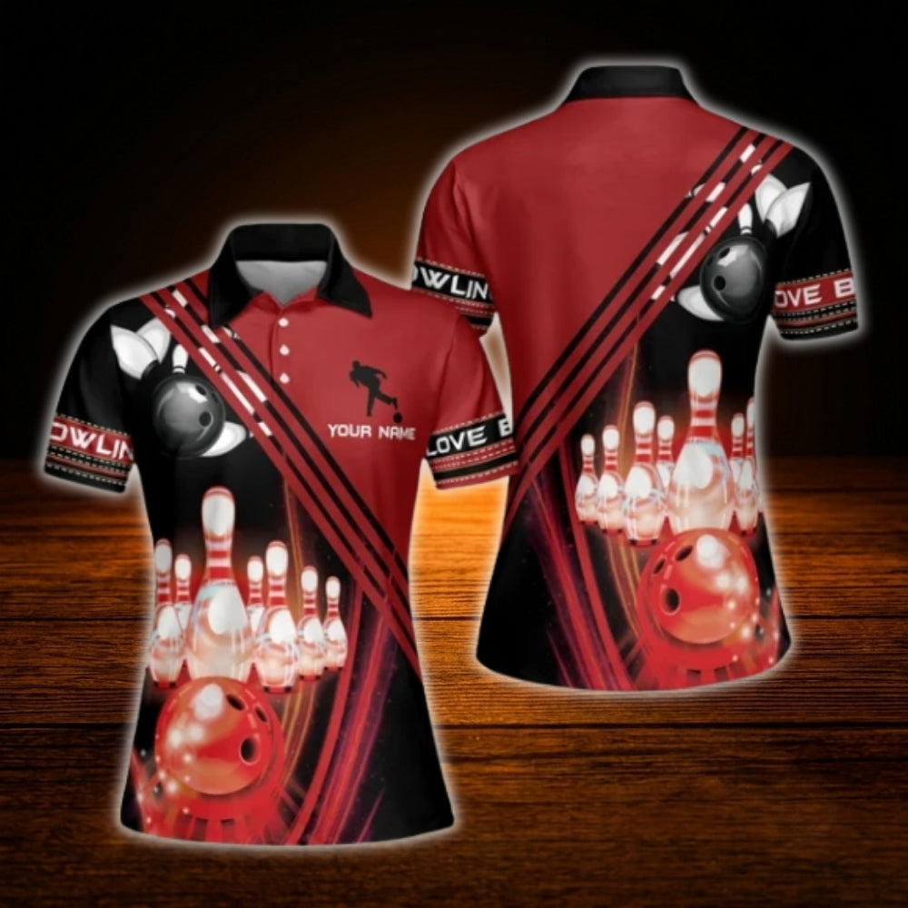 Women's Custom Red Black Bowling Polo Shirt, Custom Women Bowling Shirt