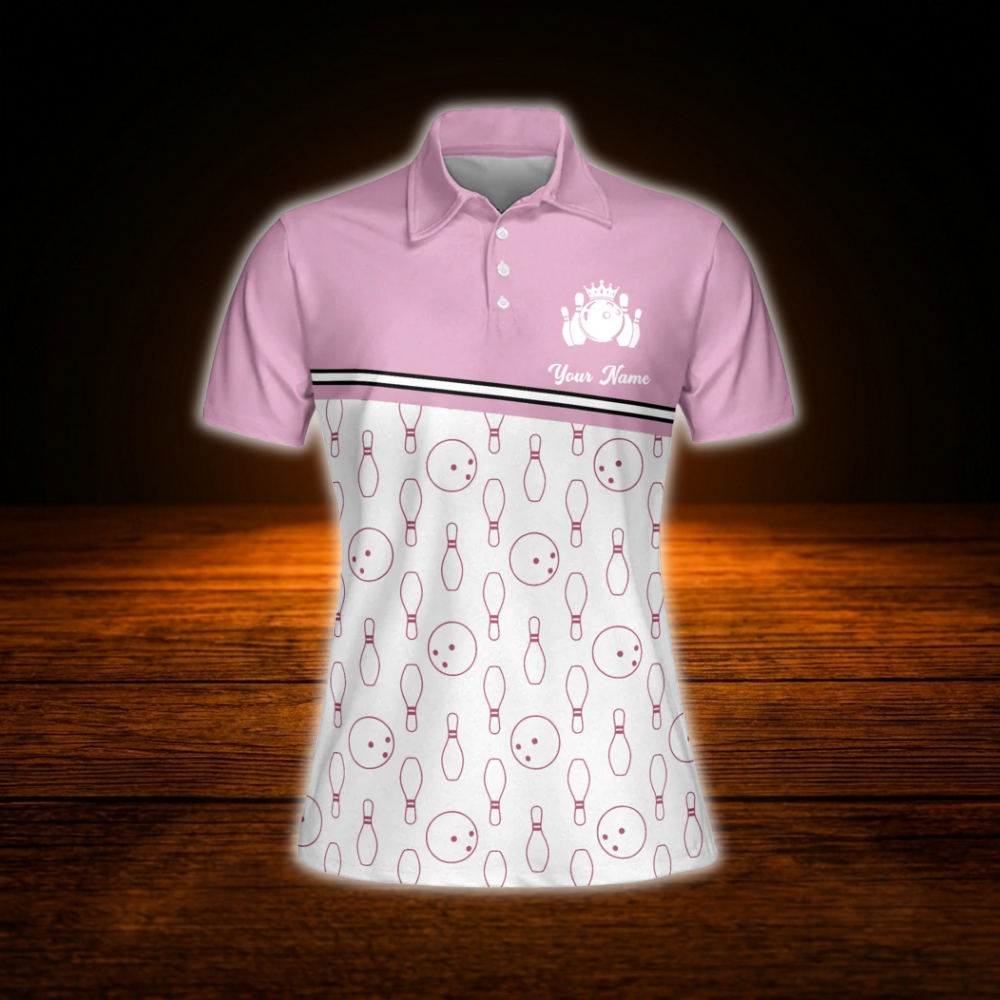 Custom Queen Of The Lane White And Pink Bowling Polo Shirts Women, Custom Funny Bowling Team Shirts For Women