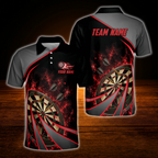 Custom Team Black And Red Dart Polo Shirt, Personalized Mens Darts Shirt