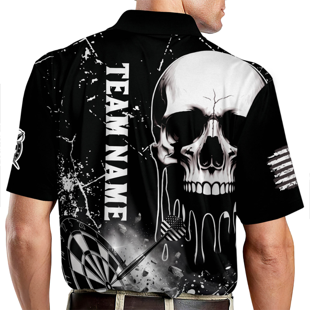 Custom Skull Black And White Mens Dart Polo Shirt, Personalized Skeleton Dart Team Shirt