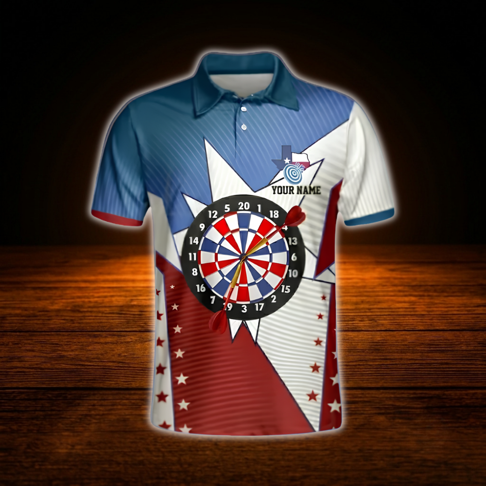Texas Flag Custom Mens Dart Polo Shirt, Custom Texas Darts Shirt For Team