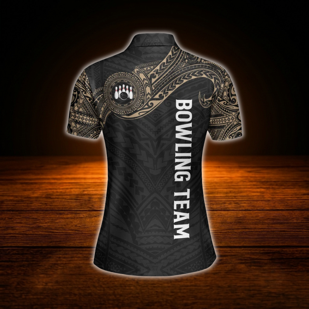 Custom Tribal Black And Gold Women Bowling Polo Shirts, Custom Tribal Bowling Team Shirts For Women