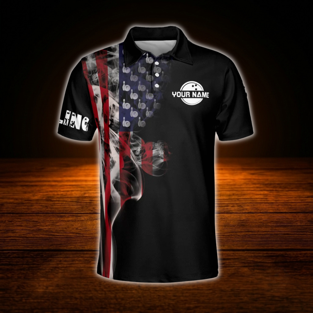 Custom American Flag Smoke Bowling Polo Shirts For Men, Custom Patriotic Bowling Shirts