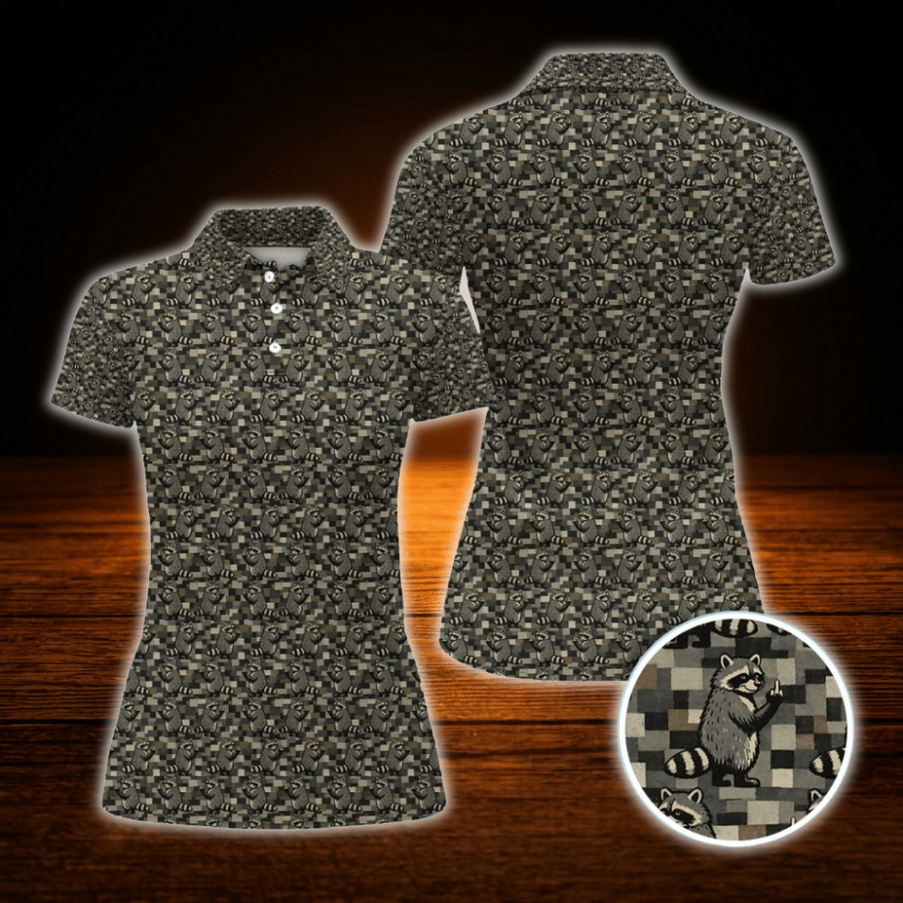 Funny Raccoon Camo Ladies Golf Polo Shirts, Raccoon Golf Shirts For Ladies