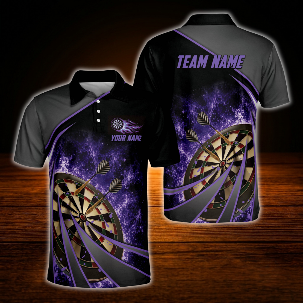 Custom Team Black And Red Dart Polo Shirt, Personalized Mens Darts Shirt