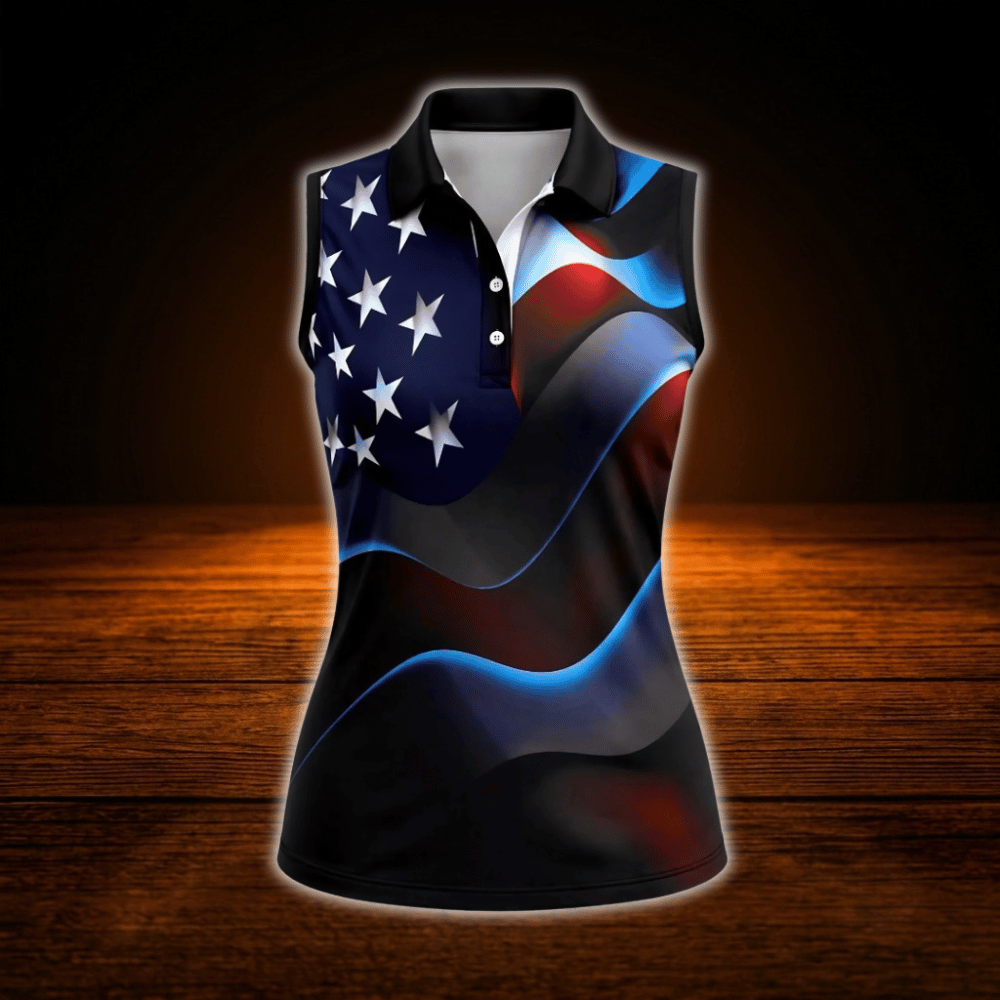 Neon American Flag Women's Sleeveless Golf Shirt, 4th Of July Patriotic Golf Shirt For Ladies