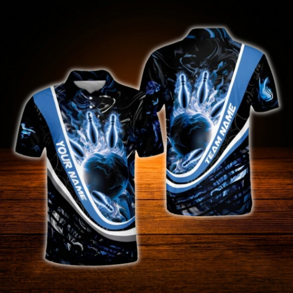 Custom Blue Flaming Bowling Polo Shirt For Men, Custom Flame Bowling Shirt Team