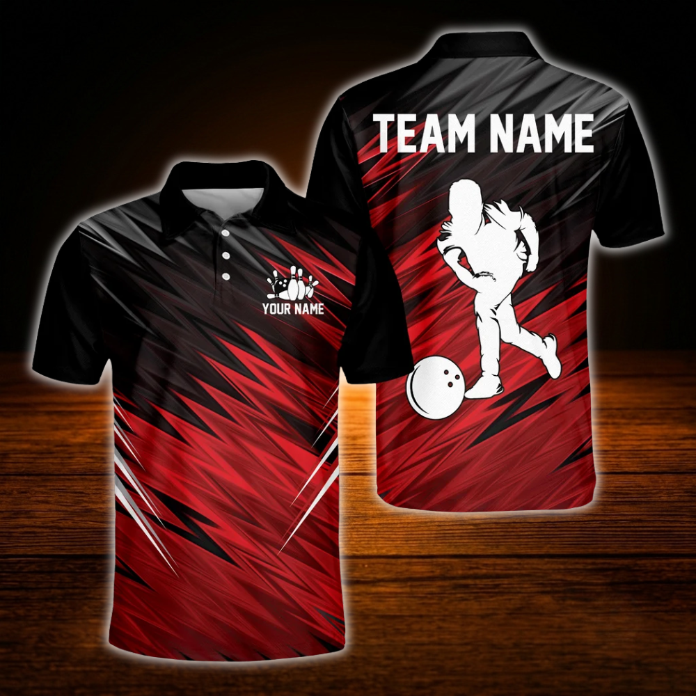 Custom Team Black And Red Men's Bowling Polo Shirts, Custom Team Bowling Shirts