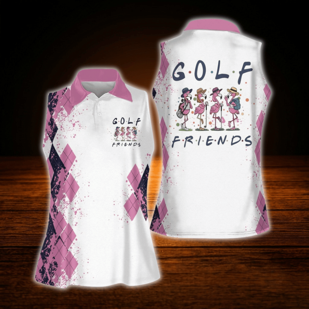 Golf Friend Flamingo Ladies Sleeveless Golf Shirt, Flamingo Team Golf Shirts For Women