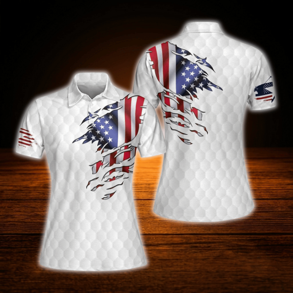 Women's USA Flag Red White And Blue Golf Polo Shirts, Patriotic Ladies Golf Shirts
