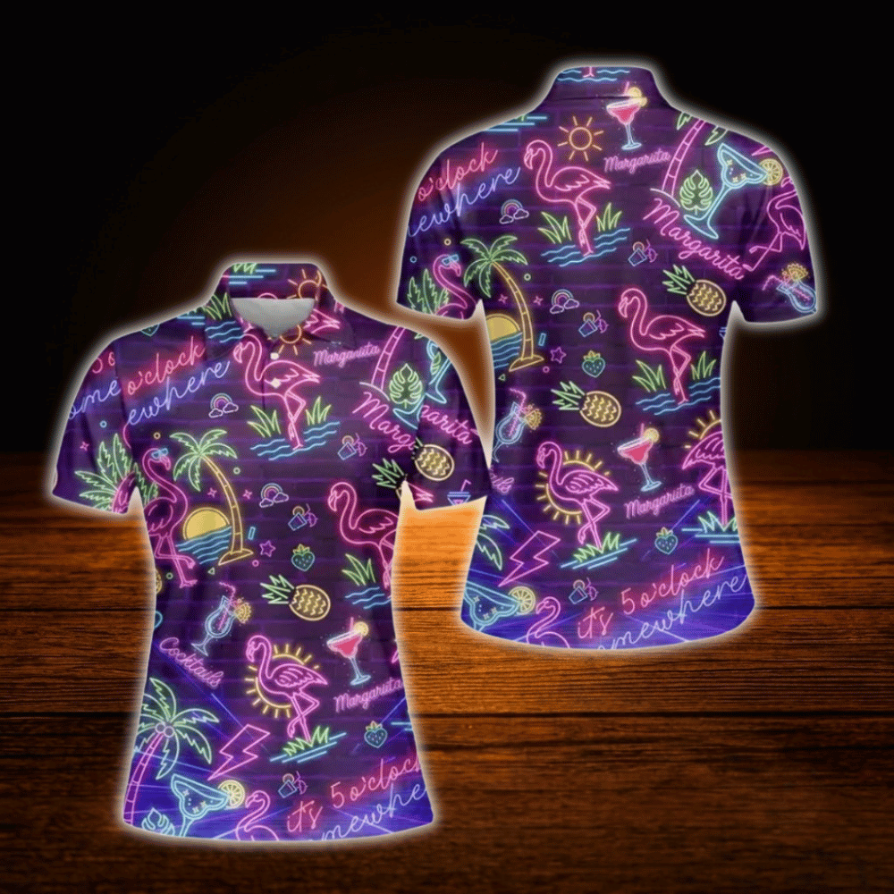 Neon Flamingo Margarita Hawaii Women's Golf Polo Shirt, Flamingo Golf Shirt For Ladies