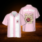 Custom Retro White And Pink Bowling Hawaiian Shirt For Women, Custom Ladies Retro Bowling Team Shirts