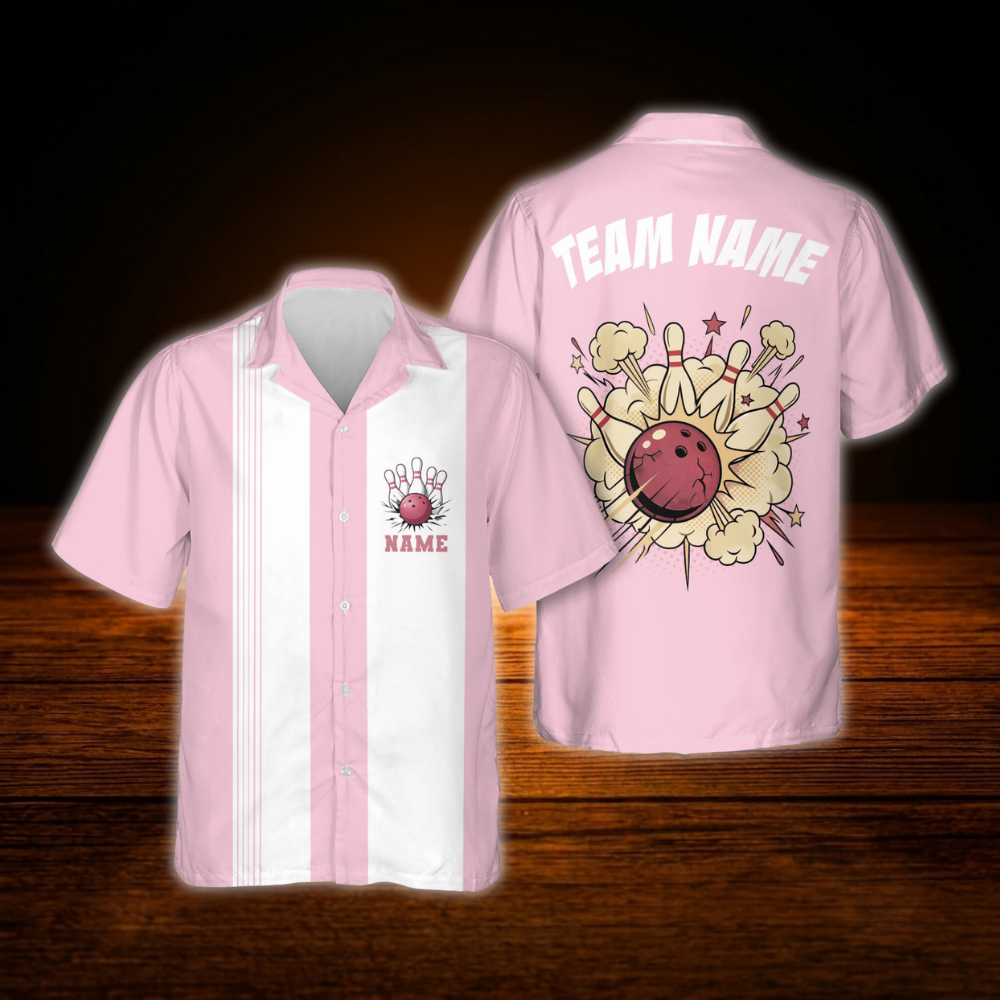 Custom Retro White And Pink Bowling Hawaiian Shirt For Women, Custom Ladies Retro Bowling Team Shirts