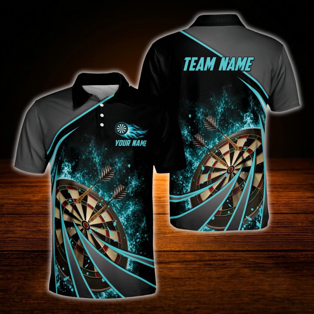 Custom Team Black And Red Dart Polo Shirt, Personalized Mens Darts Shirt