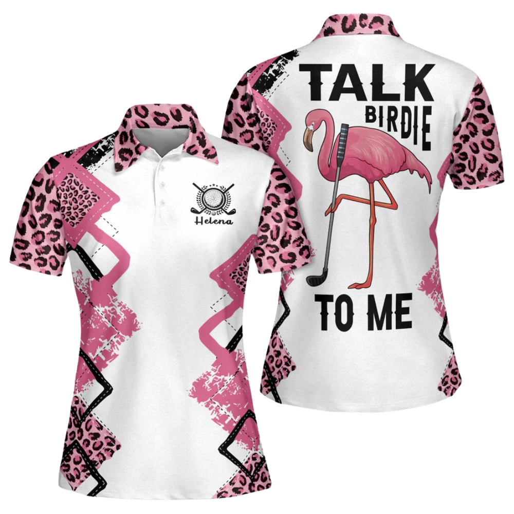 Custom Talk Birdie To Me Golf Polo Shirts Womens, Custom Funny Flamingo Golf Shirt For Women GZ0007