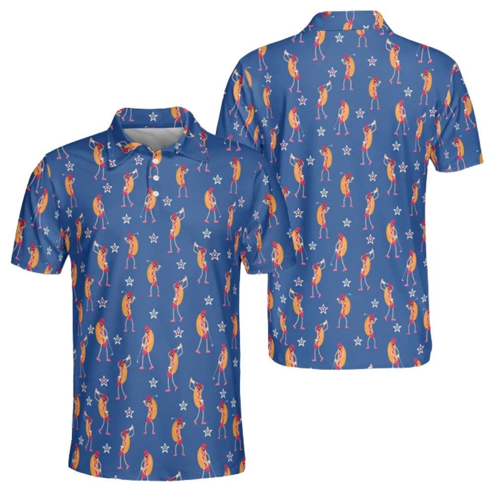 Men's Funny Hot Dog Blue Golf Polos Shirt, Hot Dog Golf Shirts GE0098