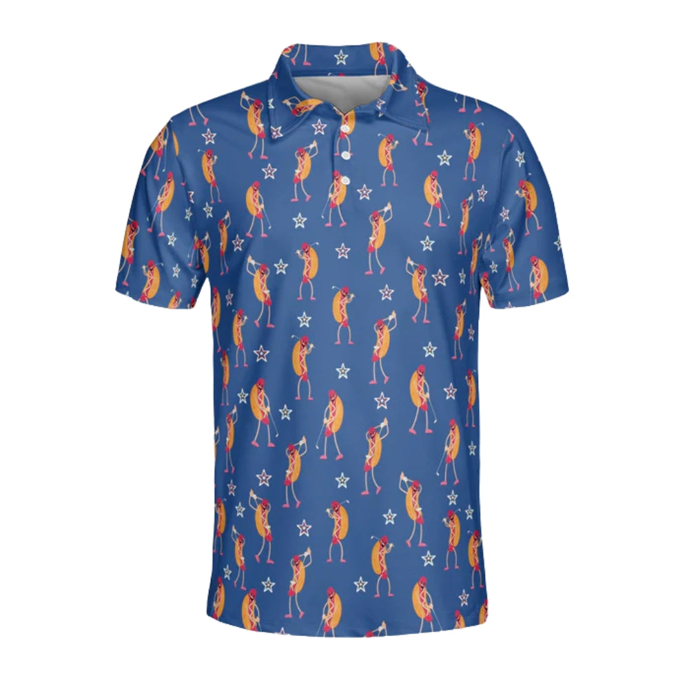 Men's Funny Hot Dog Blue Golf Polos Shirt, Hot Dog Golf Shirts GE0098