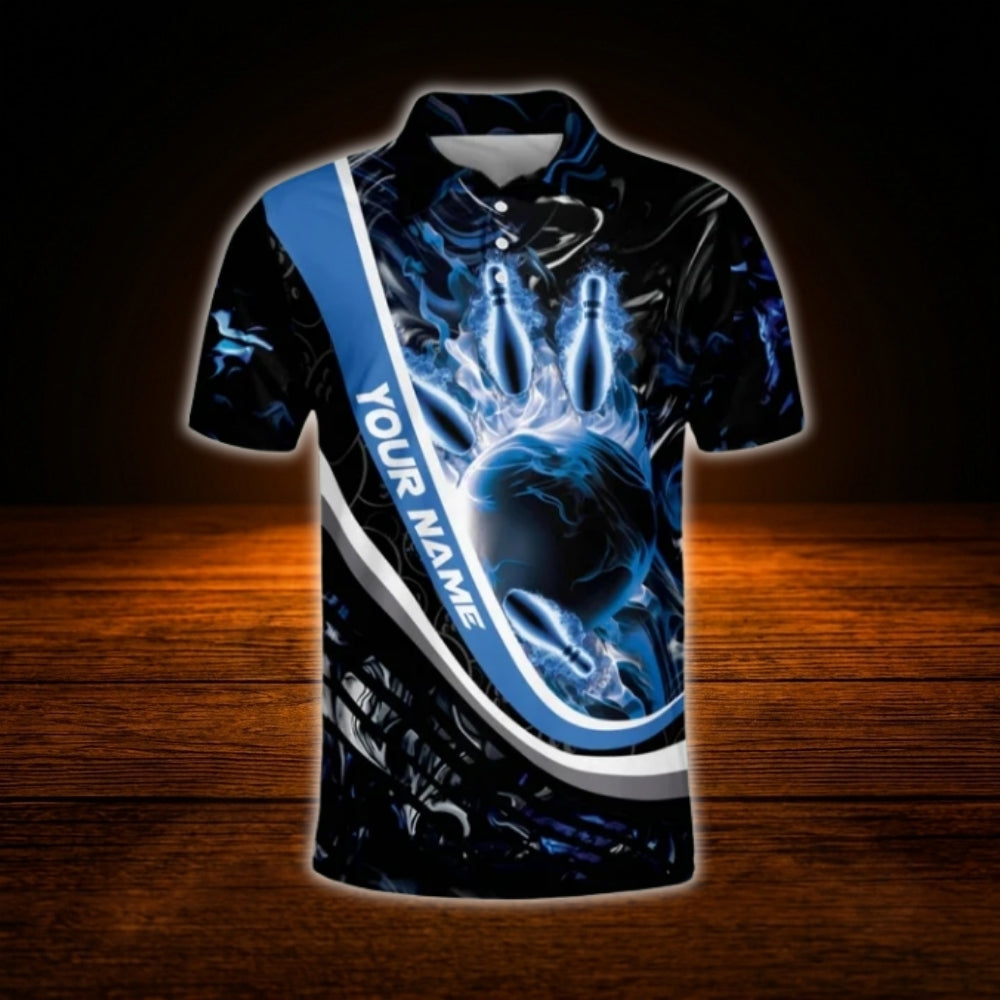 Custom Blue Flaming Bowling Polo Shirt For Men, Custom Flame Bowling Shirt Team