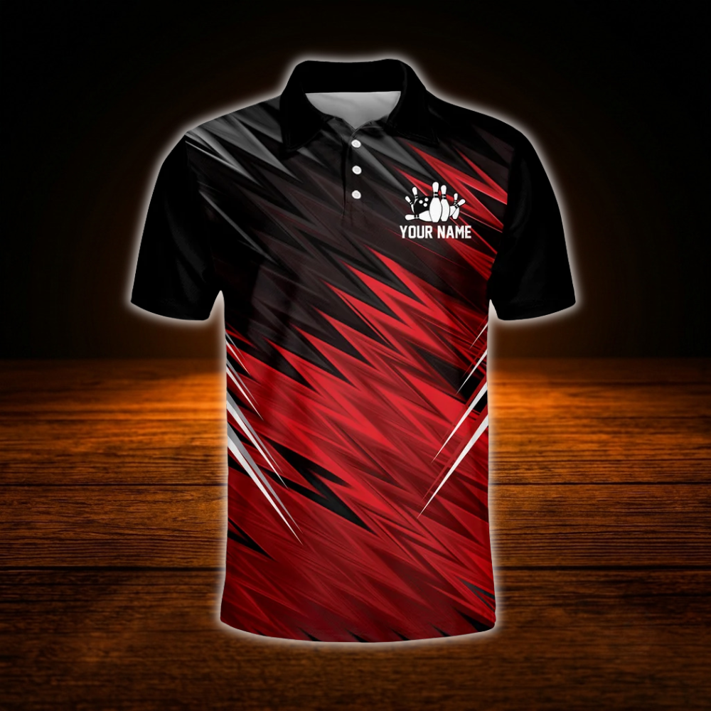 Custom Team Black And Red Men's Bowling Polo Shirts, Custom Team Bowling Shirts