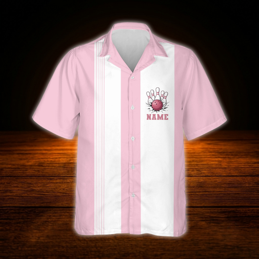 Custom Retro White And Pink Bowling Hawaiian Shirt For Women, Custom Ladies Retro Bowling Team Shirts