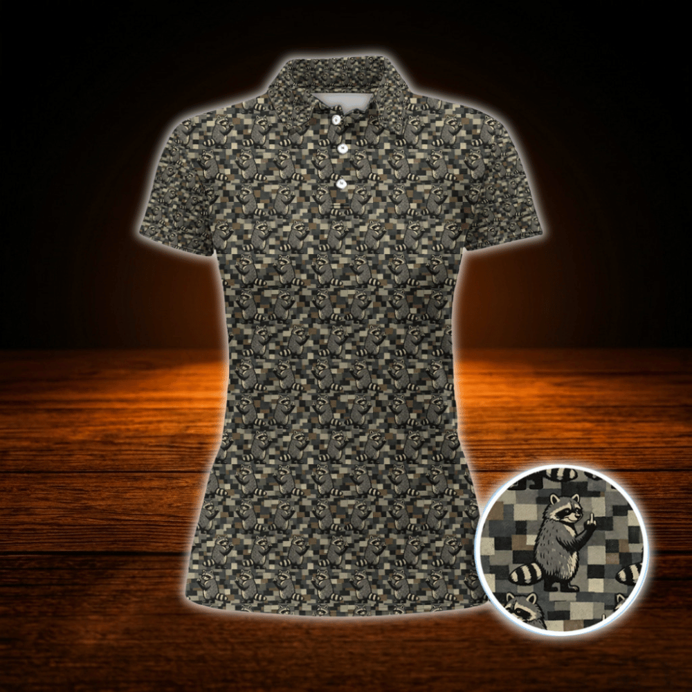 Funny Raccoon Camo Ladies Golf Polo Shirts, Raccoon Golf Shirts For Ladies