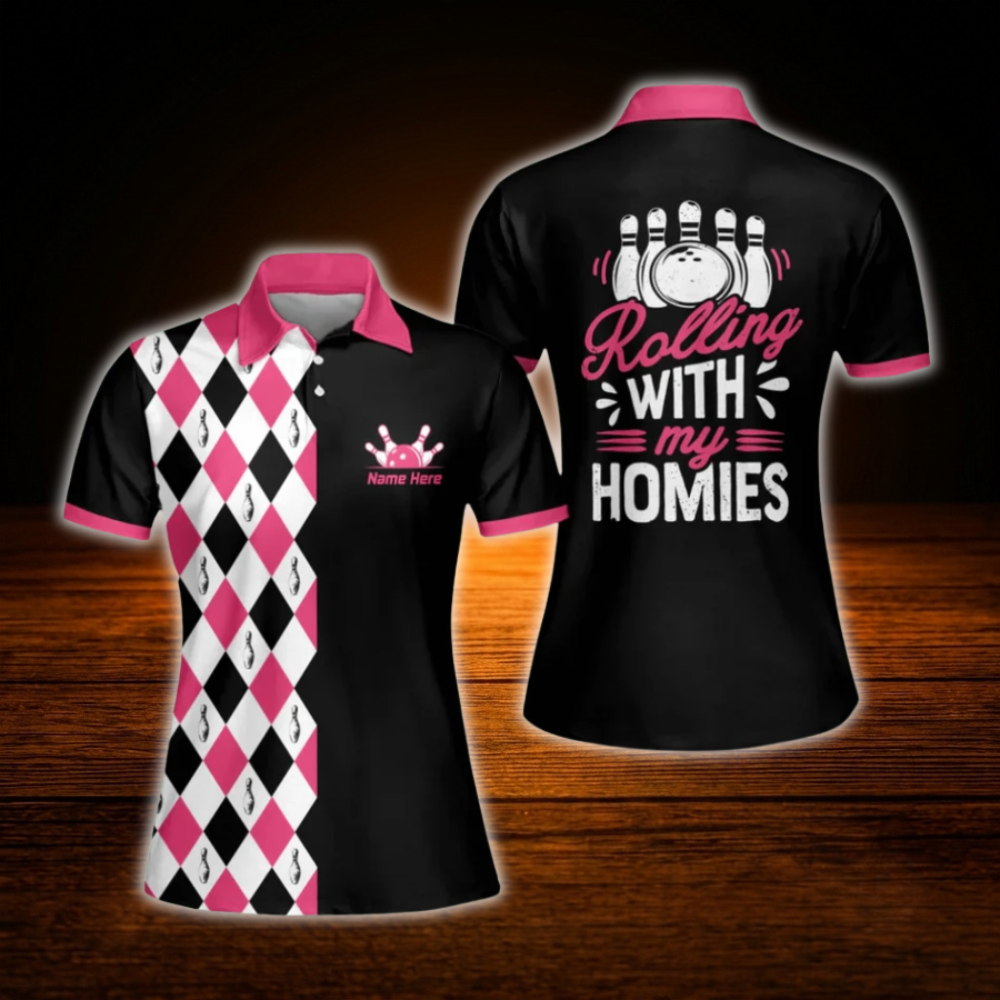 Custom Rolling With My Homies Black And Pink Women Bowling Polo Shirts, Custom Funny Bowling Shirts For Women