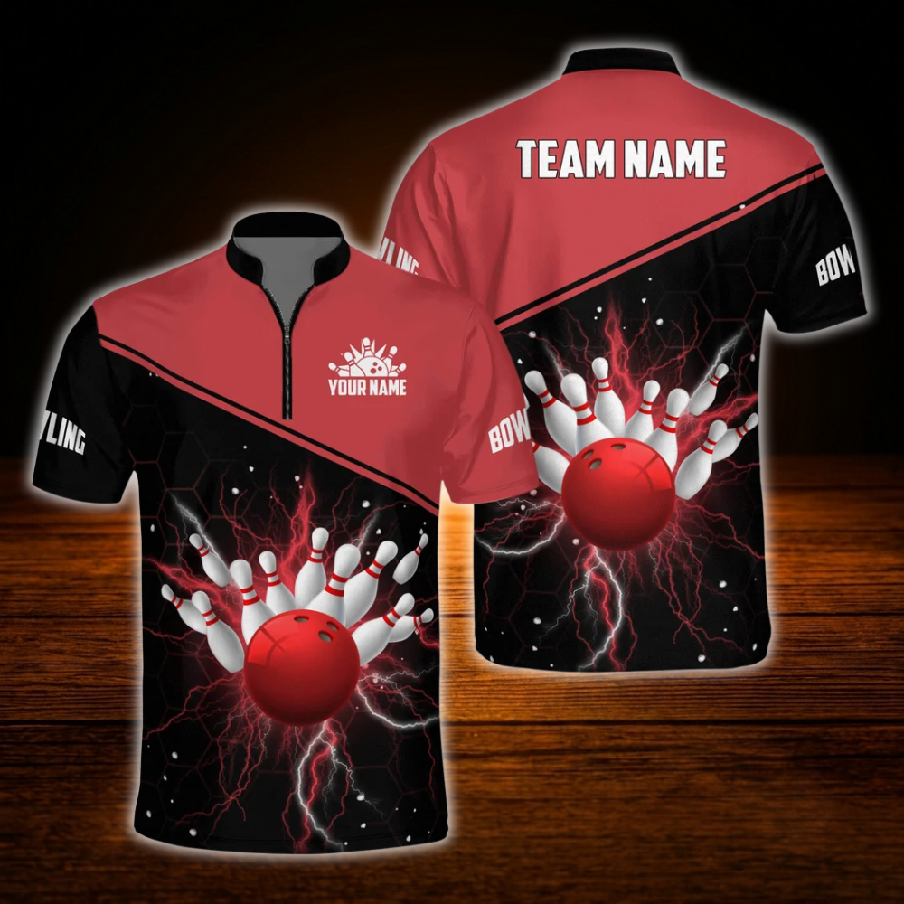 Custom Team Red And Black Bowling Jersey Shirts For Men, Custom Team Bowling Shirts