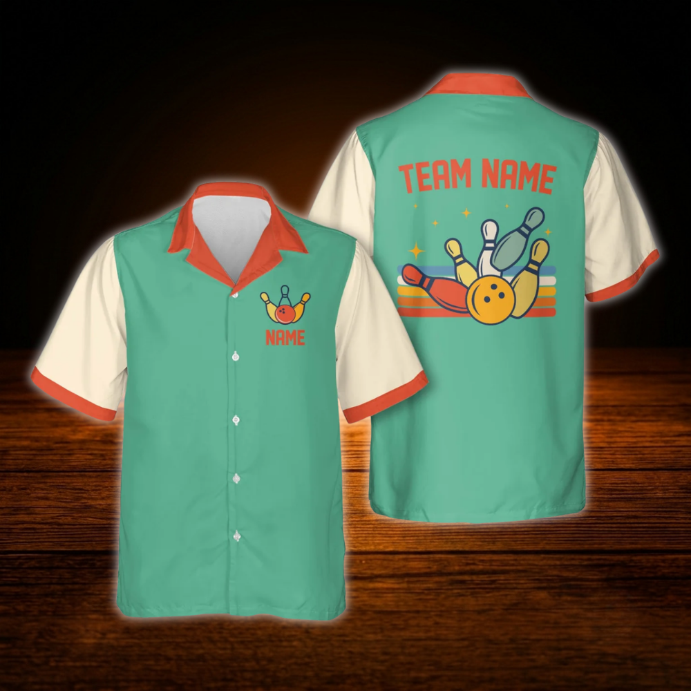 Custom Retro Bowling Hawaiian Shirt Blue, Custom Retro Bowling Shirt For Team
