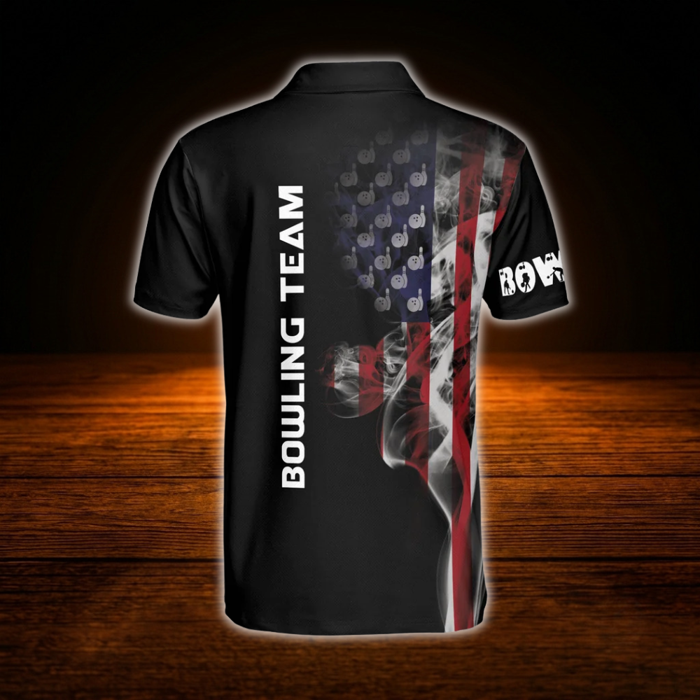 Custom American Flag Smoke Bowling Polo Shirts For Men, Custom Patriotic Bowling Shirts